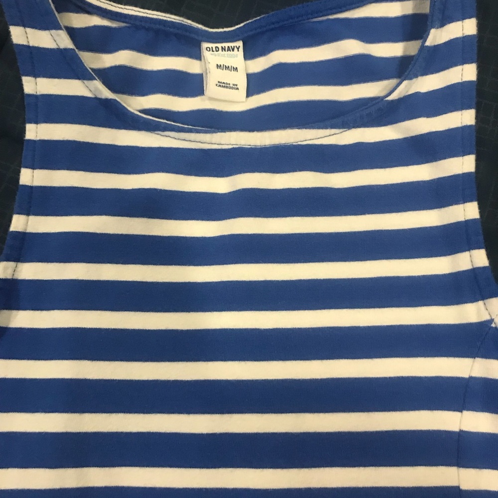 Blue and white striped A-line cotton tank dress.